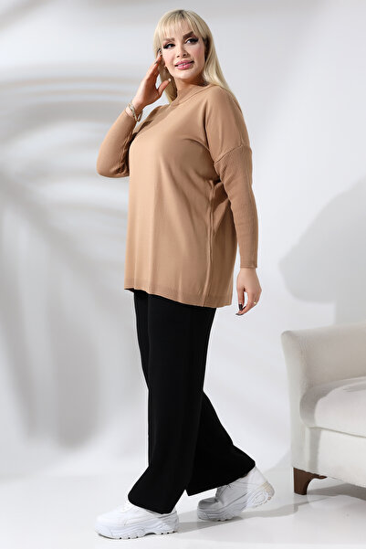 MJORA Cream Half Turtleneck Fine Knitwear Plus Size Sweater