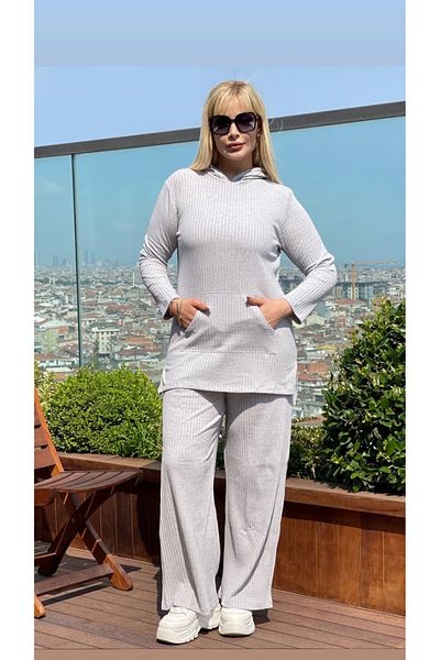 Butik Nilyam Women's Large Size Sweatshirt Hooded Kangaroo Pocket Lycra Camisole Set 21040 Gray
