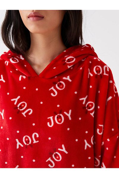 LC Waikiki Top de pijama de pluș pentru femei, cu glugă, tematică de Crăciun