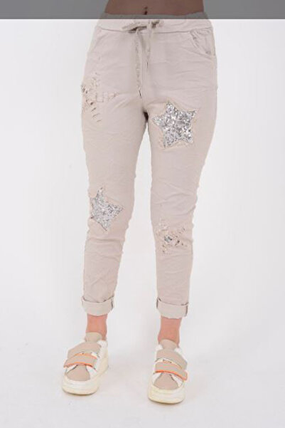AYASOFYA OTANTIK Γυναικείο μπεζ ιταλικό παντελόνι λύκρα με παγιέτες, αστέρια,...