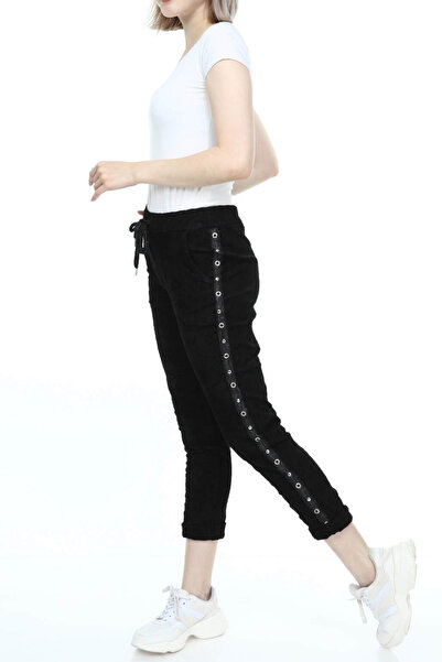 AYASOFYA OTANTIK Γυναικείο μαύρο ιταλικό παντελόνι λύκρα με ρίγες με ματισμό