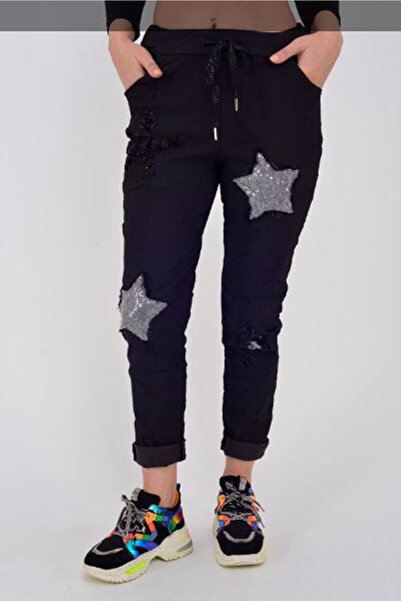 AYASOFYA OTANTIK Γυναικείο μαύρο ιταλικό παντελόνι λύκρα με παγιέτες, αστέρια...