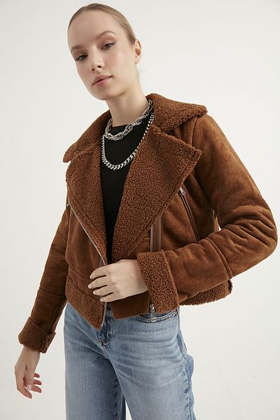 MEECY Pelzige Crop-Bikerjacke aus Wildlederimitat für Damen