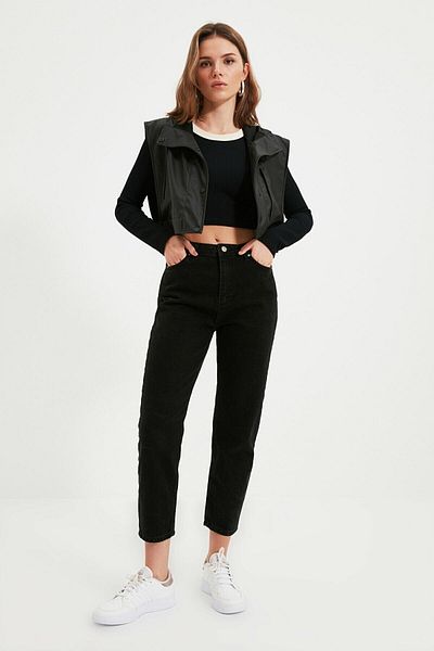 Trn JNS Clara Boyfriend Black Mom Not Fade Jeans Pantaloni de damă din lycra cu talie înaltă
