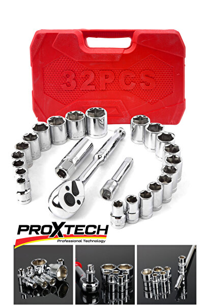 PROXTECH Profesyonel Büyük Parlak 32 Parça Chrom Vanadıum Cırcırlı Lokma Takımı 1/2 Cr-v Çeliği