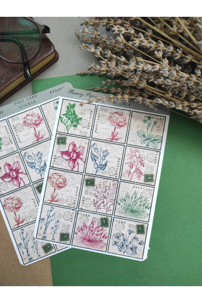 Flowery Paper Post Card Sticker-Defter ,Ajanda , Journal, Scrapbook için uygu...