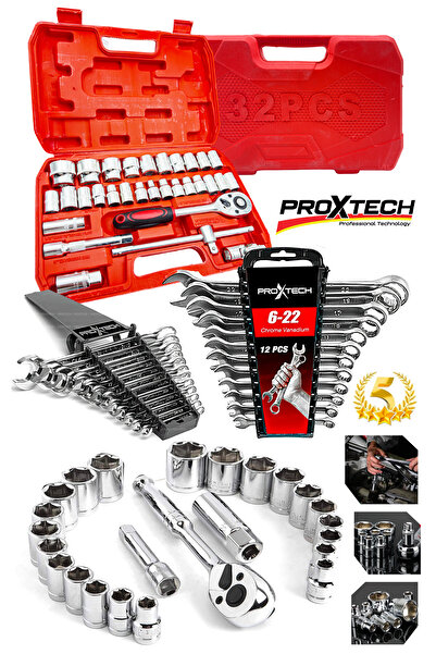 PROXTECH Profesyonel Büyük Parlak 44 Parça Chrom Vanadıum Cırcırlı Lokma Takımı 12 Parça Kombin Anahtar Set