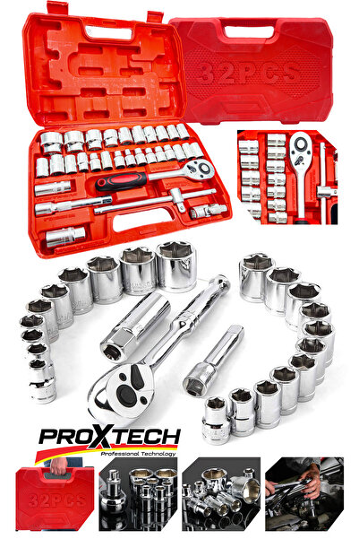 PROXTECH Profesyonel Büyük Parlak 44 Parça Chrom Vanadıum Cırcırlı Lokma Takımı 12 Parça Kombin Anahtar Set