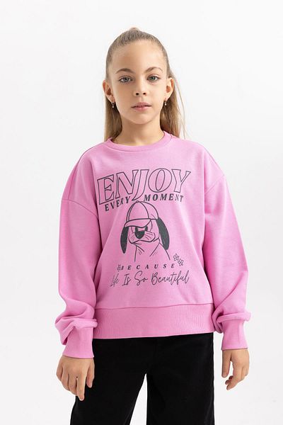 DeFacto Girl's Printed Crew Neck Soft Fuzzy Thick Sweatshirt
