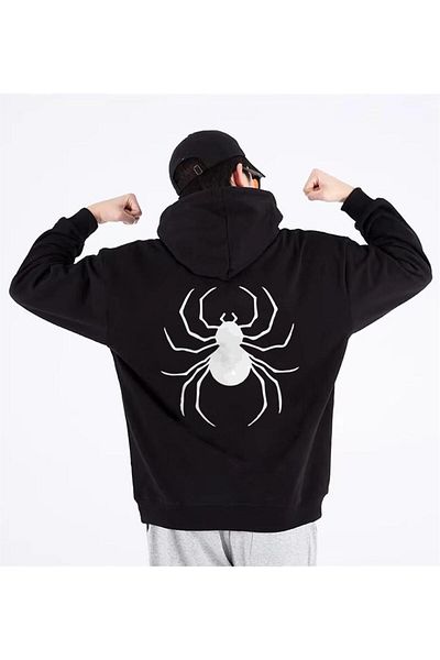 Touz Επικίνδυνο μπλουζάκι Spider εμπρός-πίσω με στάμπα μαύρο Unisex oversize φούτερ με κουκούλα