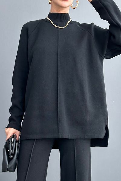 vuvutasarım Strickstoff, hoher Kragen, langärmeliger schwarzer Pullover und schwarze Hose mit hoher Taille, Strickanzug 1070