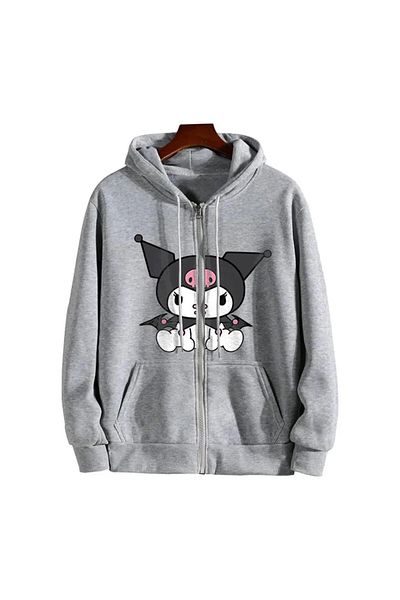Gofeel Tech Vintage Kuromi Sitting Printed Oversize με φερμουάρ γκρι Unisex ζακέτα με κουκούλα