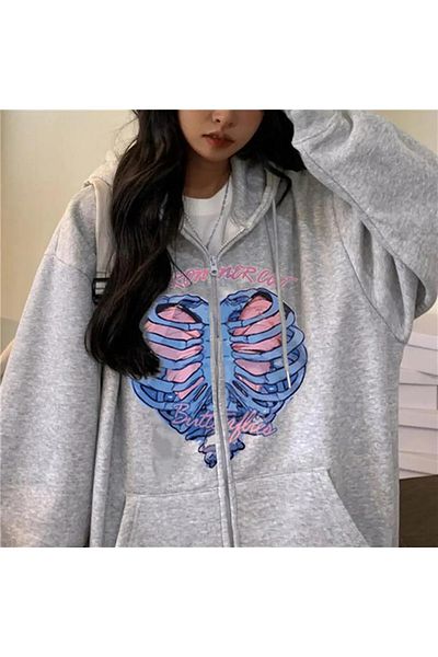 Gofeel Ronronner Cat Rib Printed - Unisex γκρι υπερμεγέθη ζακέτα με κουκούλα