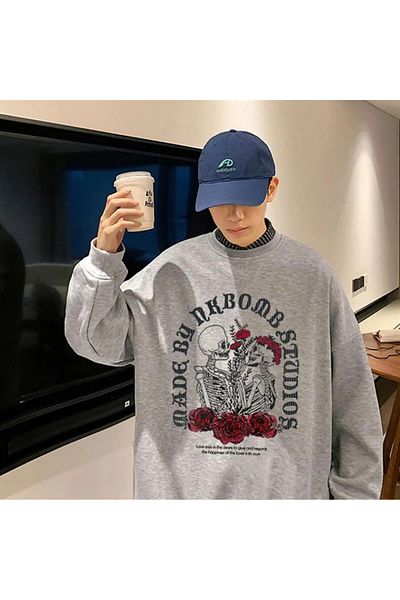 Gofeel Harajuku Street Skulls In Love με στάμπα γκρι Unisex Oversize Crew Neck Φούτερ HS