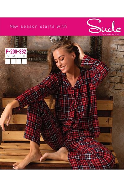 DNG TEKSTİL Women's Red Plaid Winter Buttoned Suede Pajamas Set