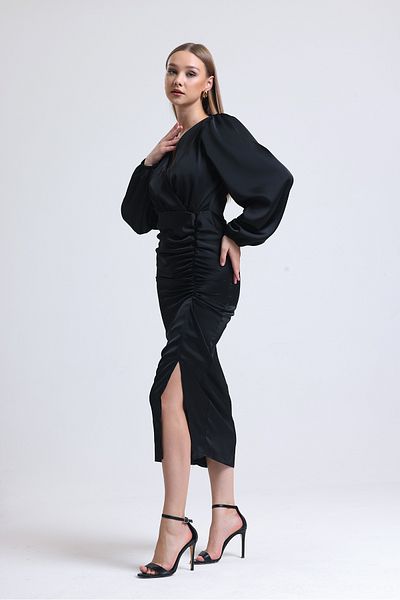 ADASTYLE Σατέν φόρεμα με διπλό στήθος με ντραπέ και σχισμή καινούργιο
