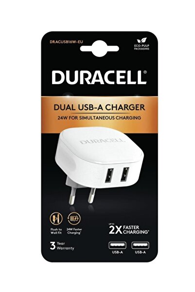 Duracell 24W Telefon / Tablet Şarj Başlığı 2xUSB 2x5v/2.4A - Beyaz
