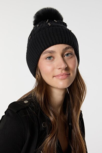 Axesoire 14499 İçi Polarlı Ponponlu Taşlı Siyah Örgü Bere