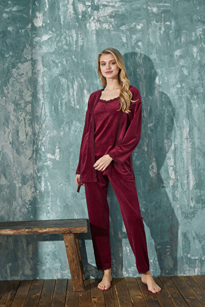 MEBA Women's French Velvet Burgundy 3-Piece Pajama Set with Dressing Gown Dowry Set