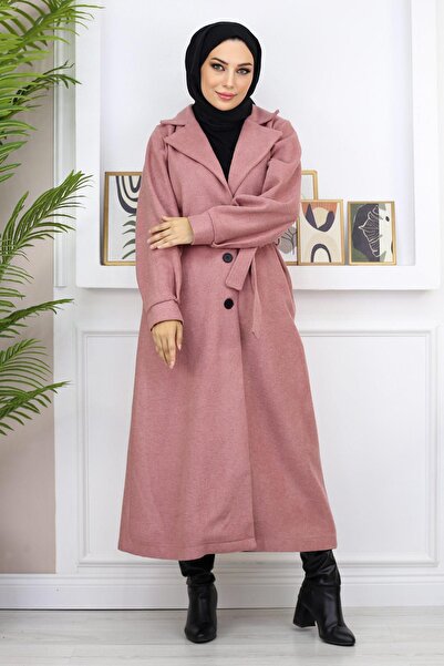 Modamihram Široký límec Cashmere Coat Dusty Rose MİH19170