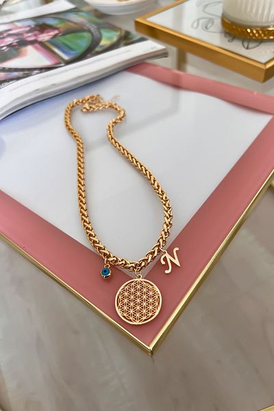 Trendy Butik Thick Mesh Chain Model N Letter and Evil Eye Hanging Flower of Life Necklace