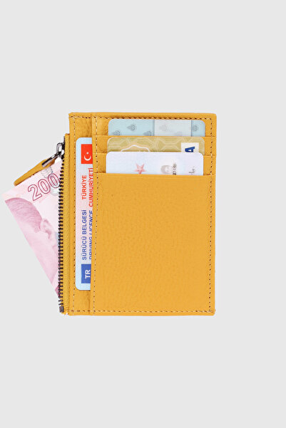 Grande 853 Genuine Leather Coin Compartment Zippered Vertical Card Holder Flother Yellow