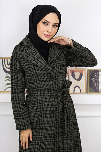 Modamihram Plaid Şanel Kaşe Coat Khaki 19137
