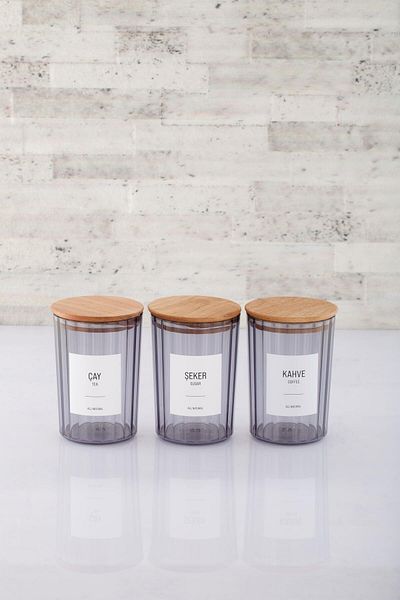 ANJEAHOME Douai 900 Ml Smoked Hard Plastic Food Storage Container - Wooden Lid, Kitchen Organizer (With Labels)