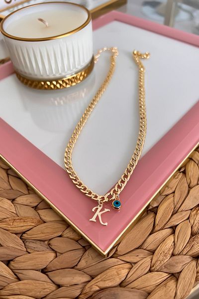 Trendy Butik Letter K and Evil Eye Dangle Thin Nostalgia Chain Necklace