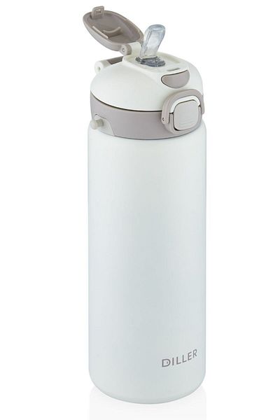 DILLER 700 ml Stainless Steel White Thermos Flask - for Children and Adults, with Straw and Wide a