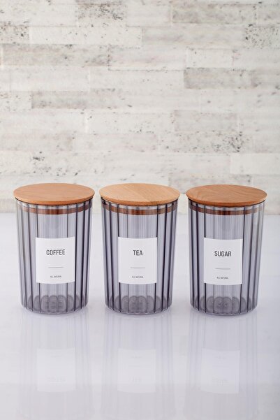 ANJEAHOME Oia 3 قطع غطاء خشبي 1500 مل حاوية تخزين الطعام البلاستيكية الصلبة المدخنة منظم المطبخ (مع الملصقات)