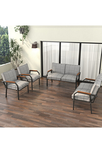 Mygusi Hayal Balkon Bahçe Cafe - Metal Kanepe Koltuk Takımı - 2 2 1 1 - Açık Gri