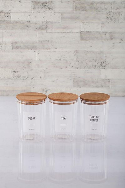 ANJEAHOME Douai 3-Piece 900 ML Wooden Lid Transparent Hard Plastic Food Storage Container Kitchen Organizer (Labeled)