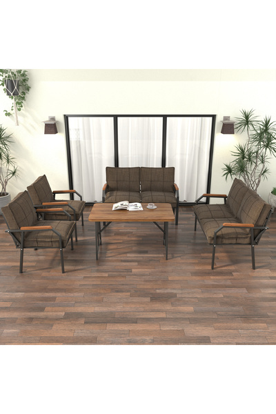 Mygusi Hayal Balkon Bahçe Cafe - Metal Kanepe Koltuk Takımı - 2 2 1 1 - 70x110 Cm Masalı - Kahverengi
