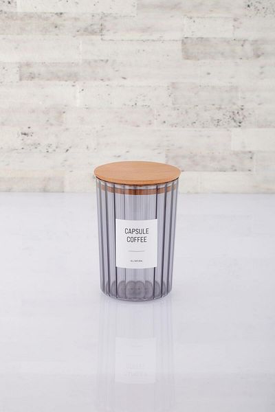 ANJEAHOME Oia Single 1500 ML Wooden Lid Smoked Hard Plastic Food Storage Container Kitchen Organizer (Labeled)