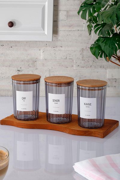 ANJEAHOME Douai 900 Ml Smoked Hard Plastic Food Storage Container - Wooden Lid, Kitchen Organizer (With Labels)