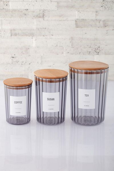 ANJEAHOME Roanne 3-Piece Wooden Lid Smoked Hard Plastic Food Storage Container Kitchen Organizer (Labeled)