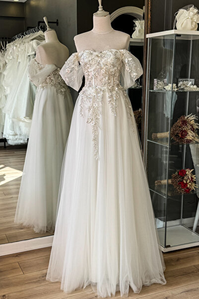 Lenta Moda فستان سهرة مطرز بنمط زهرة بيضاء وفستان زفاف