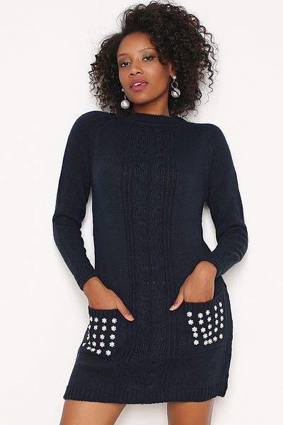 AVORWE Impletitura de par cu model buzunare decolteu cu perle brodate tricotaje mini rochie
