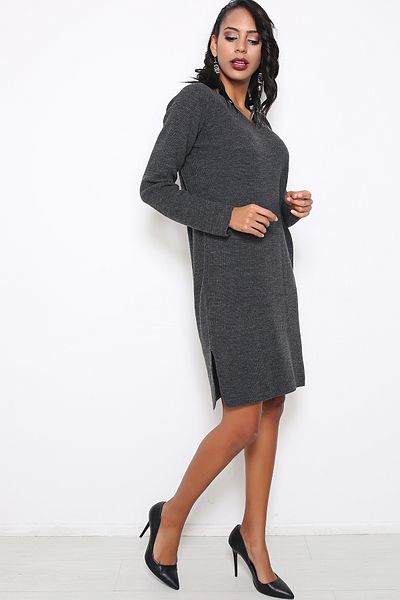 AVORWE Πλεκτό φόρεμα V-Neck Σελάντικο με σχισμή στο πλάι