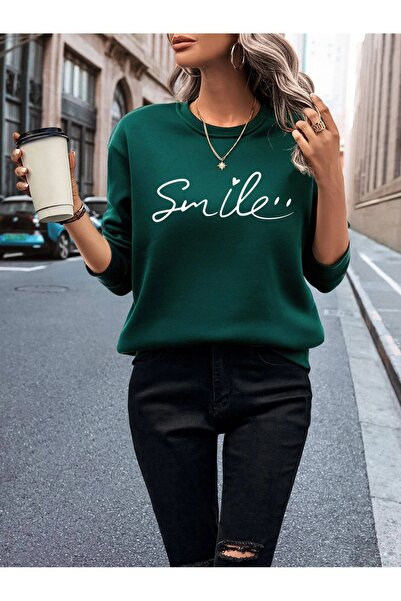 PALPİTO سويت شيرت نسائي من Nephti Green Smile بياقة دائرية كبيرة الحجم ومطبوع