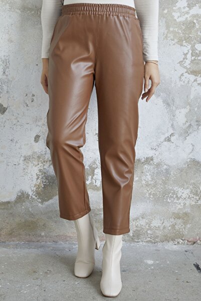 InStyle Kožené nohavice Selly Elastic Waist - Tan