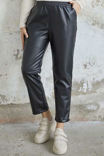 InStyle Selly Elastic Waist Leather Trousers - Black