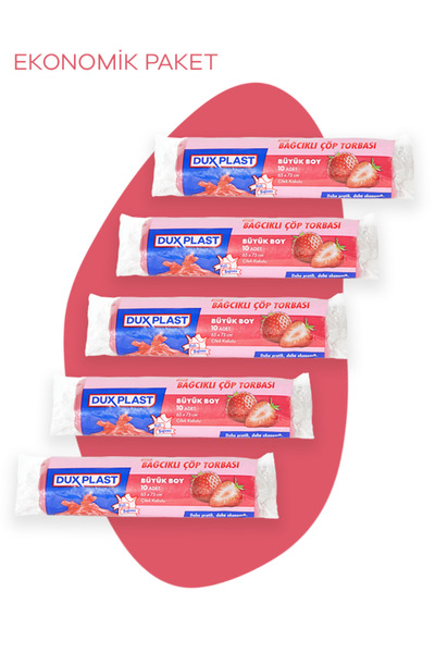 Bağcıklı Çöp Torbası - Büyük Boy Çilek Kokulu 65x73 Cm - 5 Paket - 5x10= 50 Adet