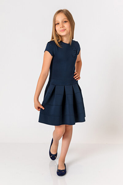 incity Kız Çocuk Lacivert Pilise Etek Detaylı Omuz Taşlı Elbise