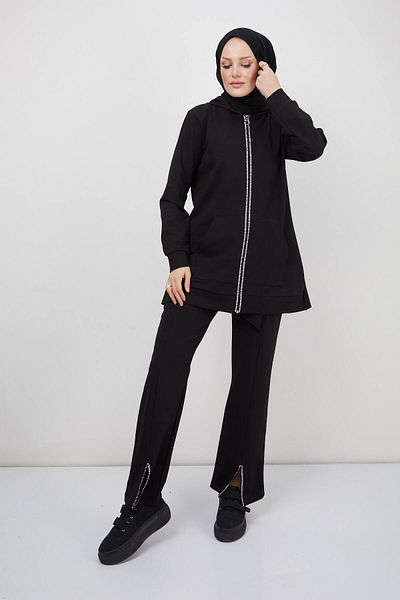 THE RAREBELL Hooded with Flywheel on the Back, Cardigan, Rhinestone Zipper Detailed Set