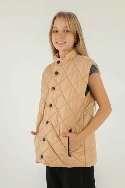 Black One Stand Collar Button Detailed Girl's Vest