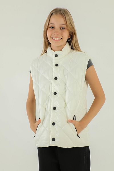 Black One Stand Collar Button Detailed Girl's Vest
