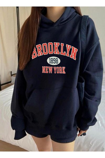 My Blog Navy Blue Oversize Brooklyn Printed Hooded Sweatshirt