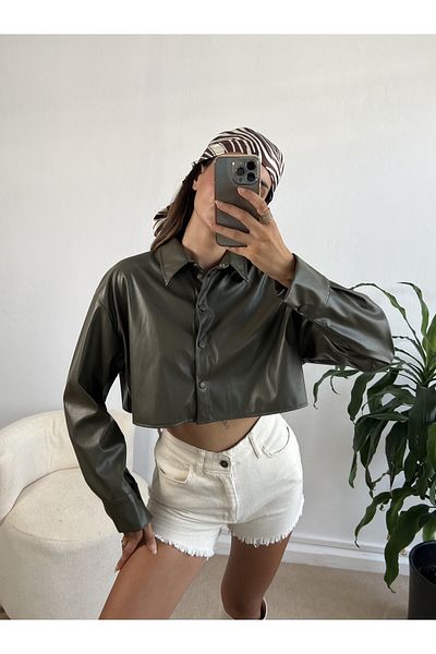 minaaise Cămașă din piele crop kaki 26062